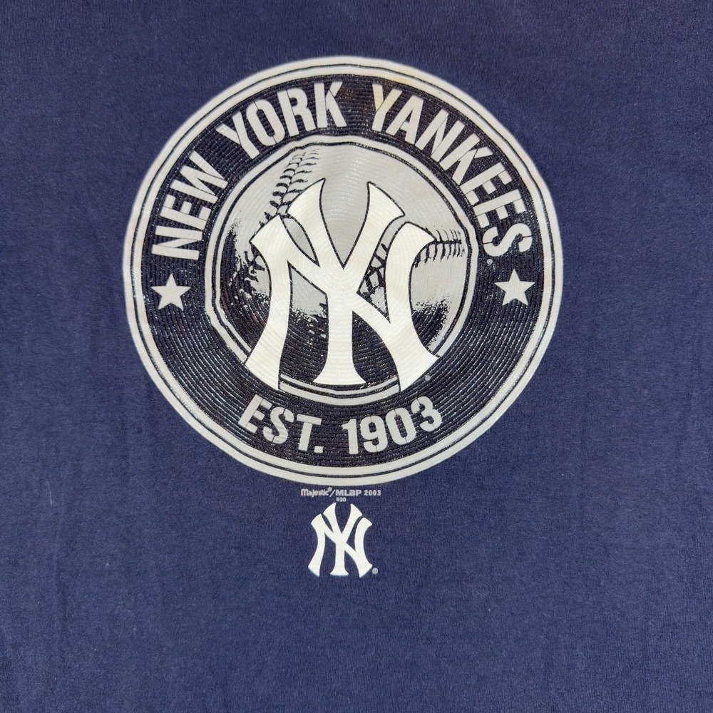 Vintage New York Yankees Shirt Mens XL Blue White MLB Baseball 2003 Logo Y2K Tee - Picture 2 of 8
